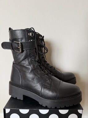 Sam Edelman Black Leather Lace-Up Combat Boots with Buckle